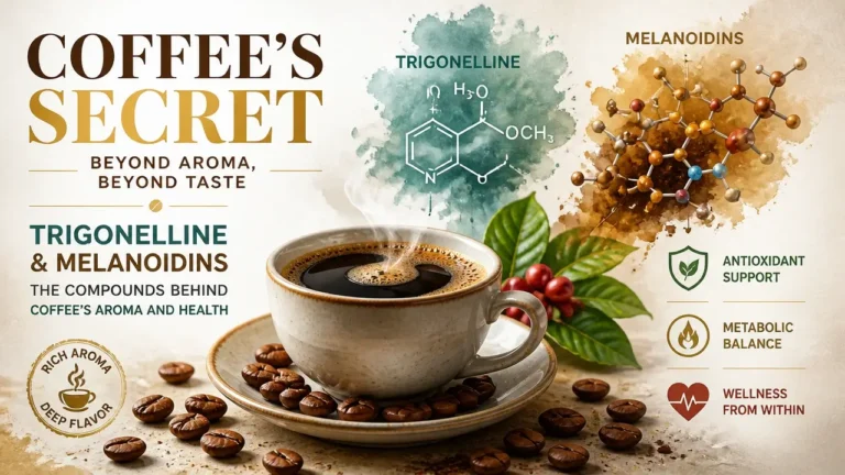 3D render illustration showing coffee beans and chemical compound structures representing coffee melanoidins and health benefits.