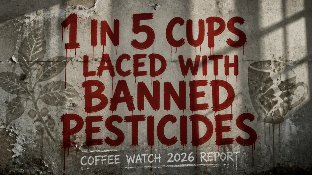 New report links pesticides in coffee to global risks 9 Hand-painted red text on weathered concrete wall stating '1 in 5 cups laced with banned pesticides' with faint coffee leaf silhouette