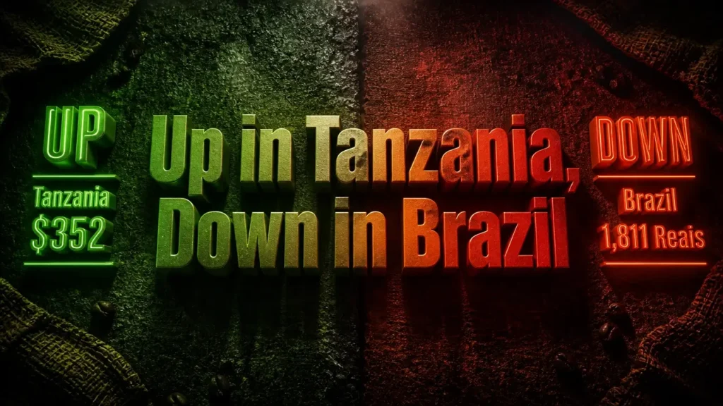 Split composition with glowing neon green and red 3D typography on dark textured surface, contrasting rising Tanzania coffee prices with falling Brazil prices in a coffee price rally story.