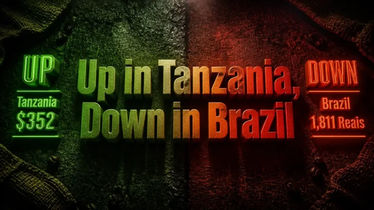 Split composition with glowing neon green and red 3D typography on dark textured surface, contrasting rising Tanzania coffee prices with falling Brazil prices in a coffee price rally story.