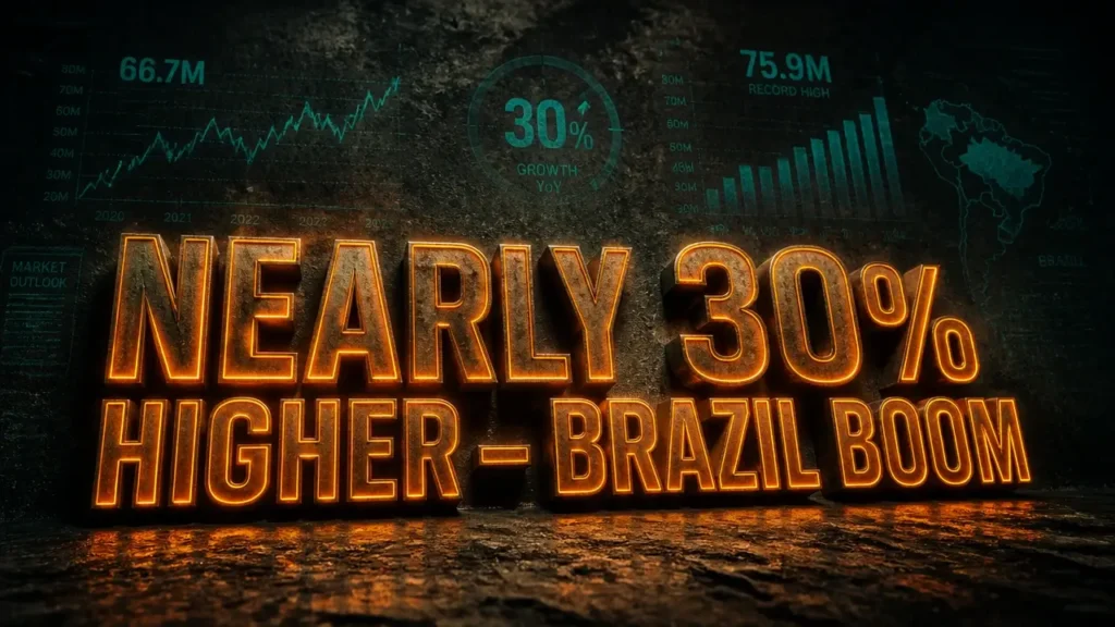 Glowing 3D headline 'Nearly 30% Higher – Brazil Boom' on dark textured background with dramatic shadows and neon accents, symbolizing coffee price tensions.