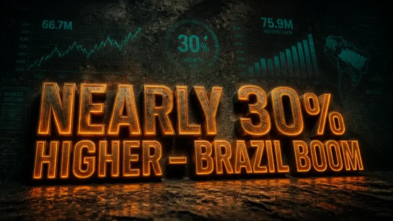 Glowing 3D headline 'Nearly 30% Higher – Brazil Boom' on dark textured background with dramatic shadows and neon accents, symbolizing coffee price tensions.