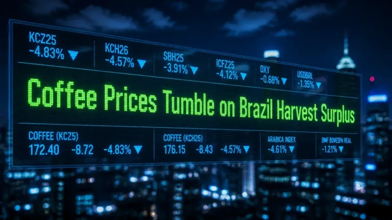 Glowing digital ticker displaying coffee price decline against blurred city night skyline, reflecting global commodity market tension.