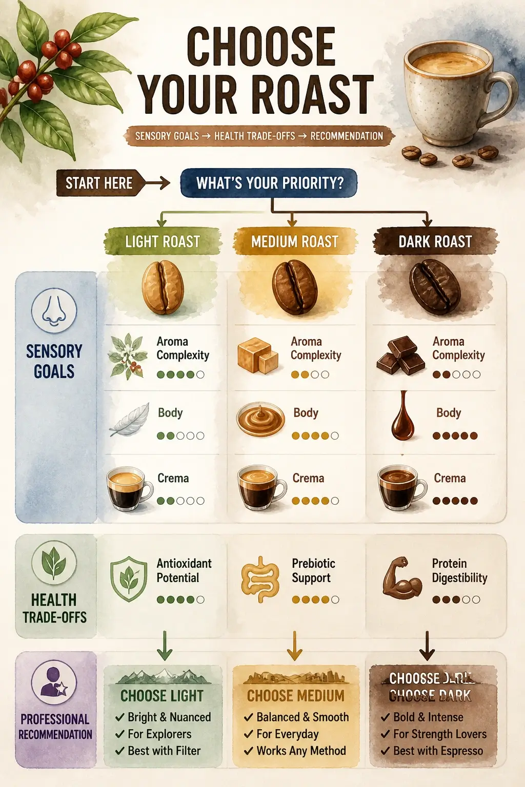 An infographic mapping coffee roast levels to sensory profiles and health benefits