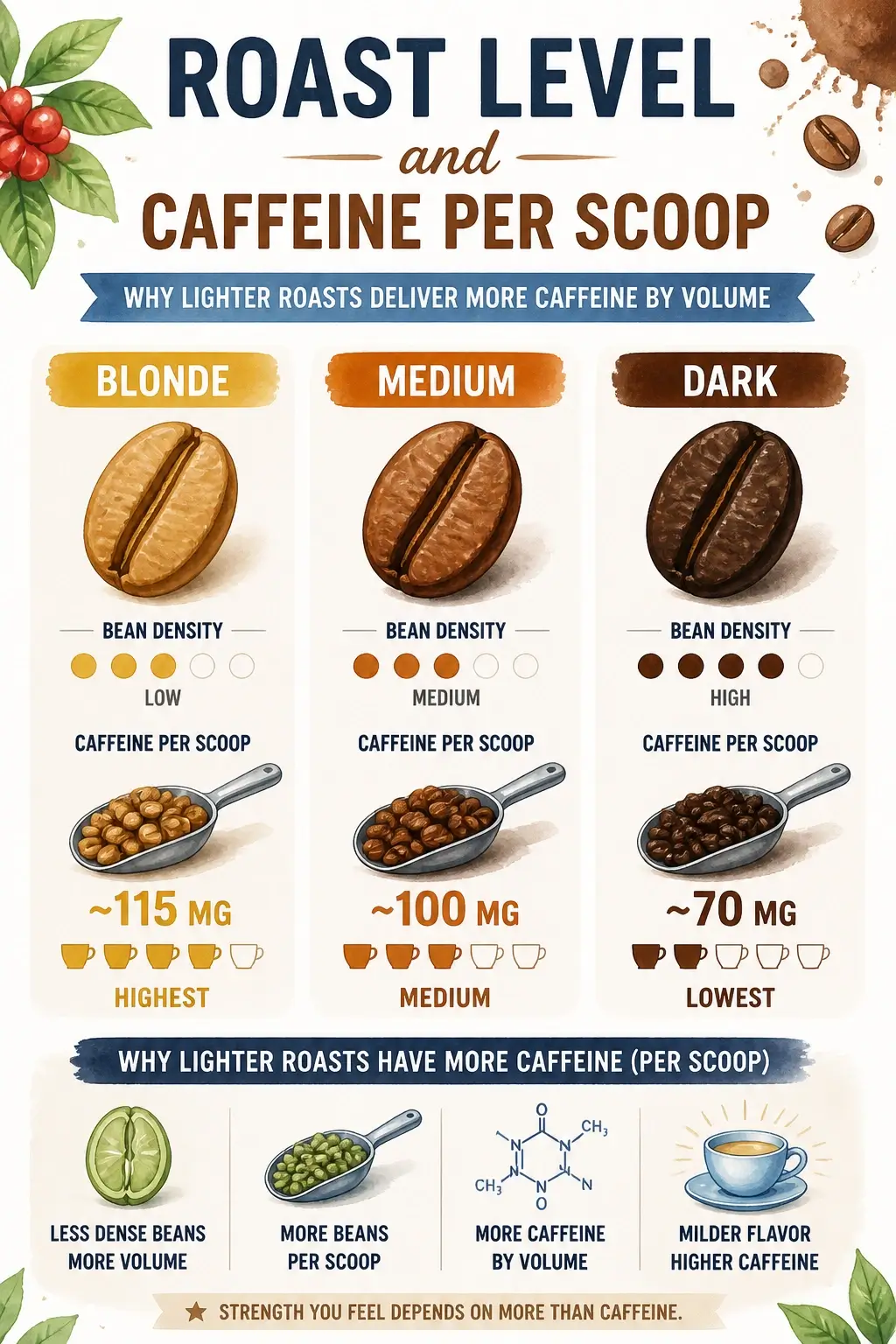 Starbucks Caffeine Amounts Decoded: Every Drink, Every Size, Every Customization 5 Infographic showing how light roast coffee beans are denser than dark roasts, providing more caffeine per scoop.