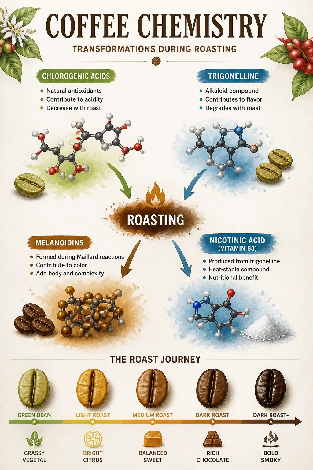 Infographic showing coffee roasting process transforming chlorogenic acids and trigonelline into melanoidins and nicotinic acid