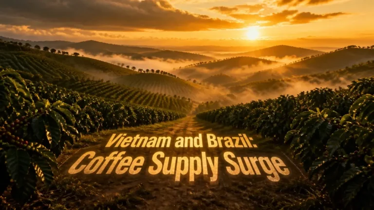 Golden hour landscape over coffee plantations with projected headline about Vietnam and Brazil coffee supply surge