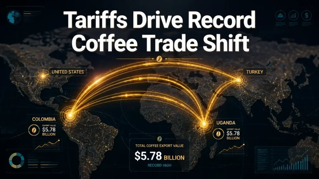 World map with glowing trade routes from Latin America and Africa to North America and Turkey illustrating coffee trade shift due to tariffs.