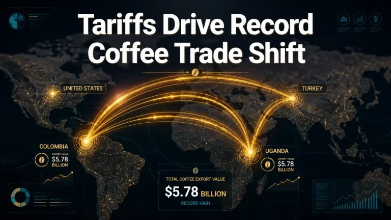 World map with glowing trade routes from Latin America and Africa to North America and Turkey illustrating coffee trade shift due to tariffs.