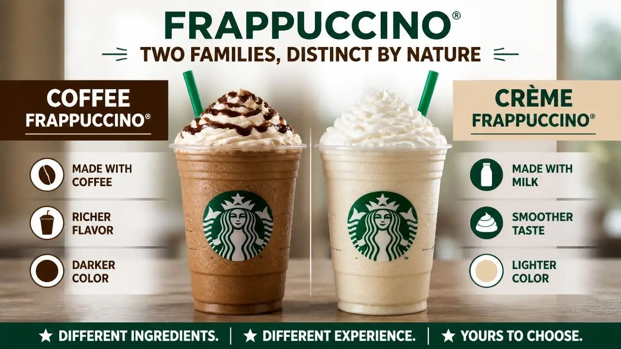 Side by side view of coffee and creme frappuccino drinks