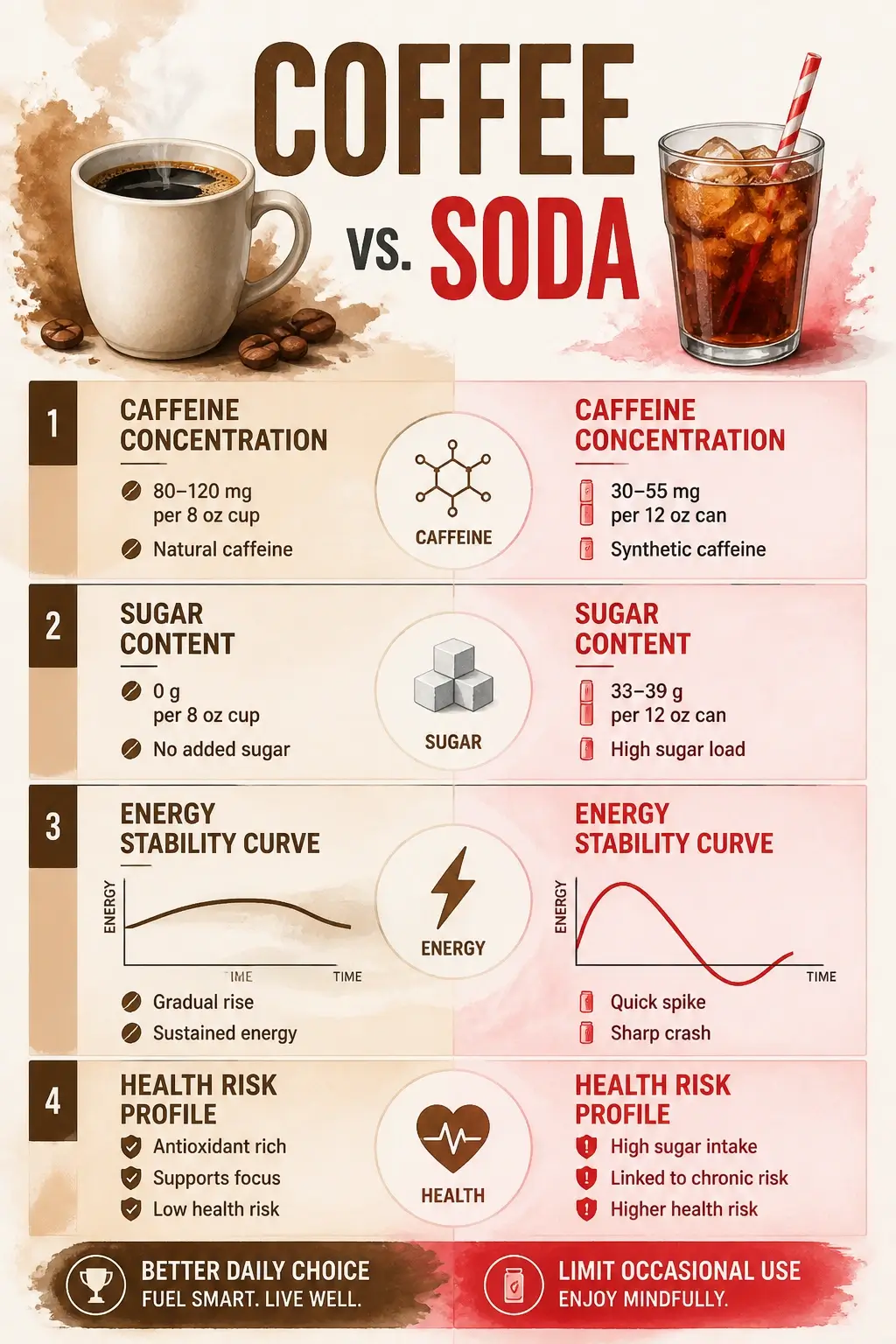 A 3D watercolor infographic comparing coffee and soda nutrition, caffeine, and health risks.