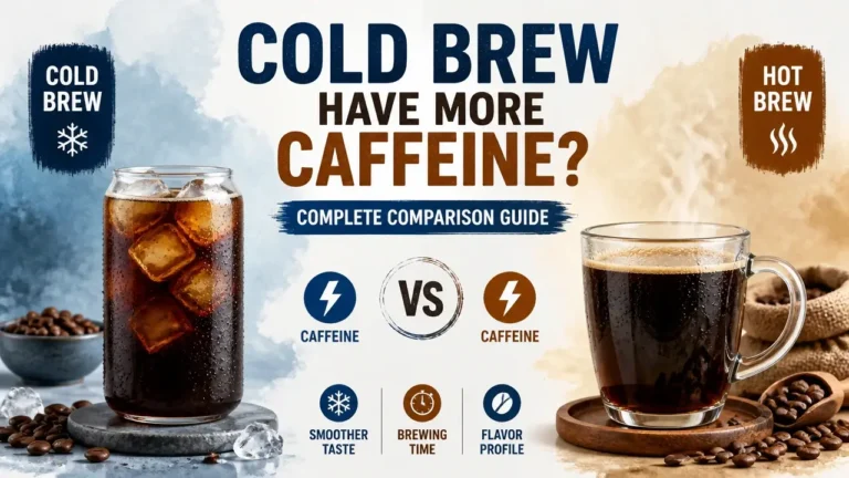 A stylized 3D infographic showing a side-by-side comparison of cold brew versus drip coffee caffeine levels.