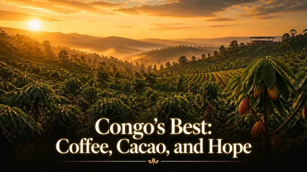 Best of Congo Cooperatives 2026 expands into cacao 5 Golden hour North Kivu landscape with coffee and cacao, typography overlay 'Congo’s Best' for Best of Congo Cooperatives 2026 cacao expansion