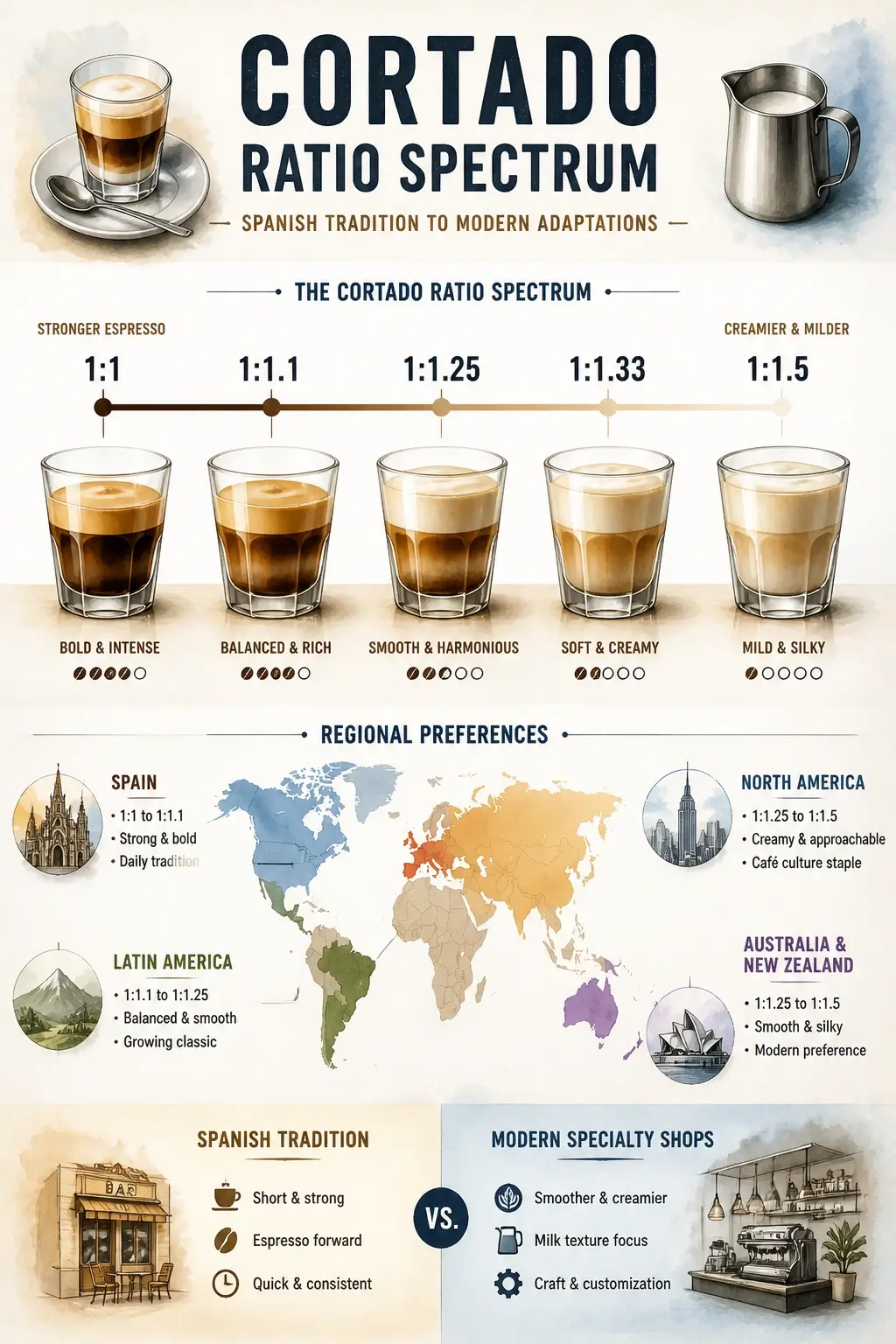 Infographic showing coffee to milk ratios for traditional and modern cortado preparation