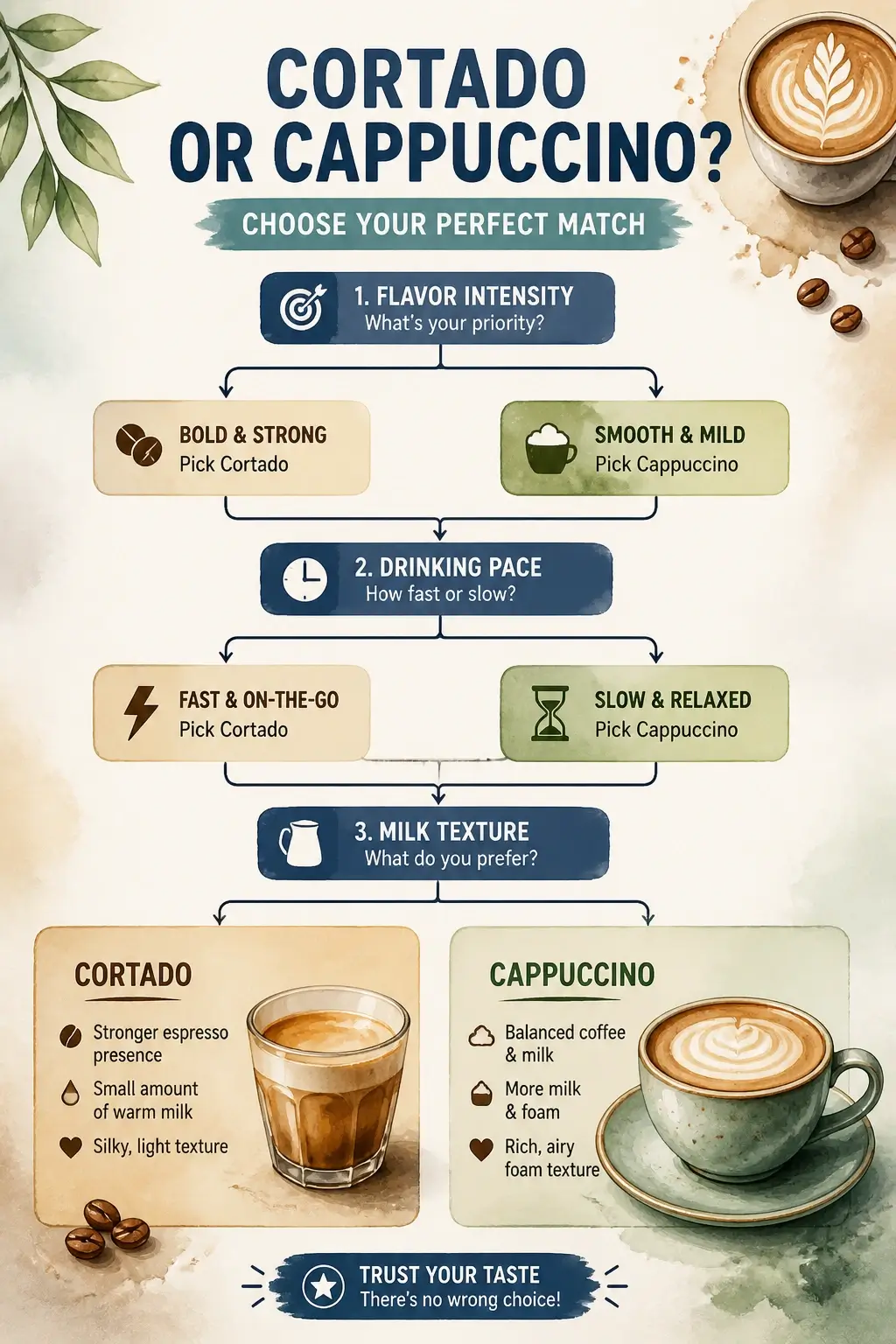 A 3D watercolor style infographic flowchart helping coffee lovers choose between a cortado and a cappuccino.