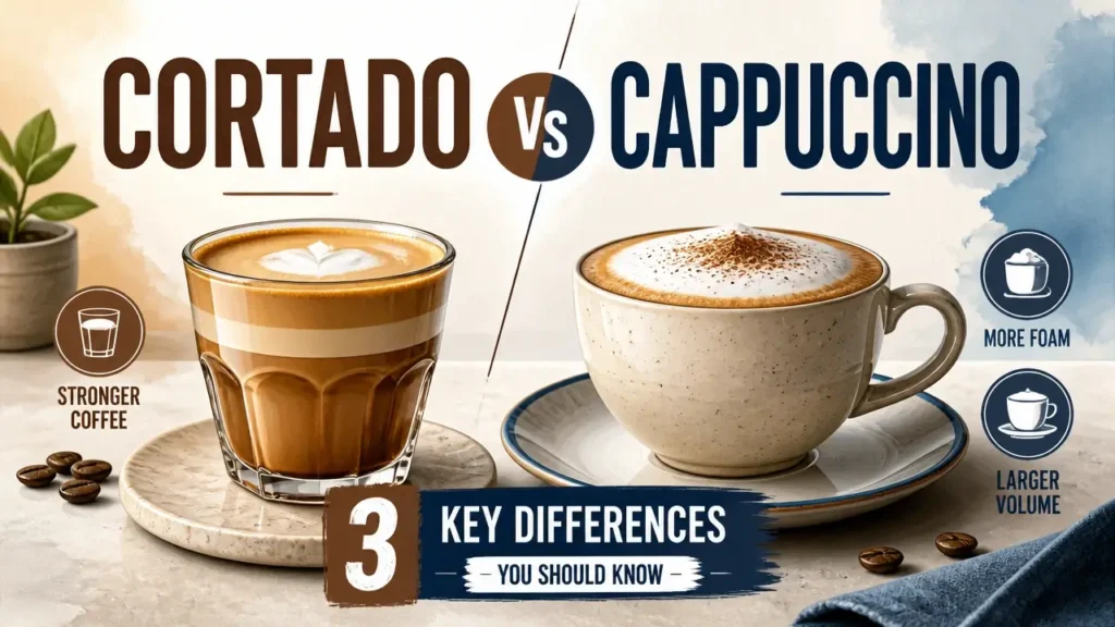 A stylized 3D render comparing a small cortado coffee next to a larger cappuccino with foam art.