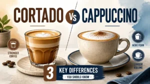 A stylized 3D render comparing a small cortado coffee next to a larger cappuccino with foam art.
