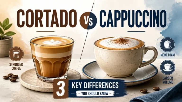 A stylized 3D render comparing a small cortado coffee next to a larger cappuccino with foam art.