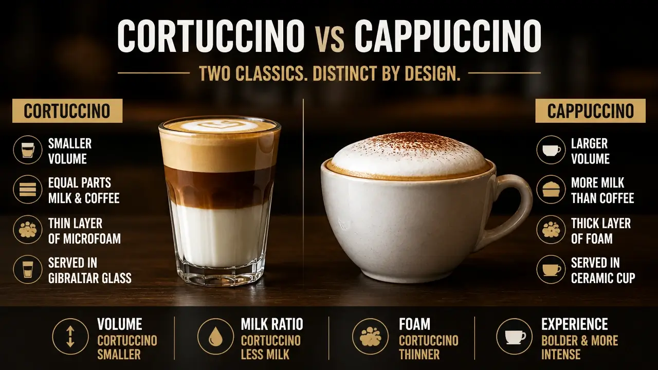 A cortado in a Gibraltar glass next to a ceramic cup cappuccino