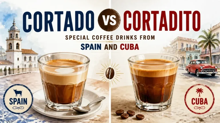 A stylized hyper-realistic 3D rendering comparing a Spanish Cortado and a Cuban Cortadito side by side.