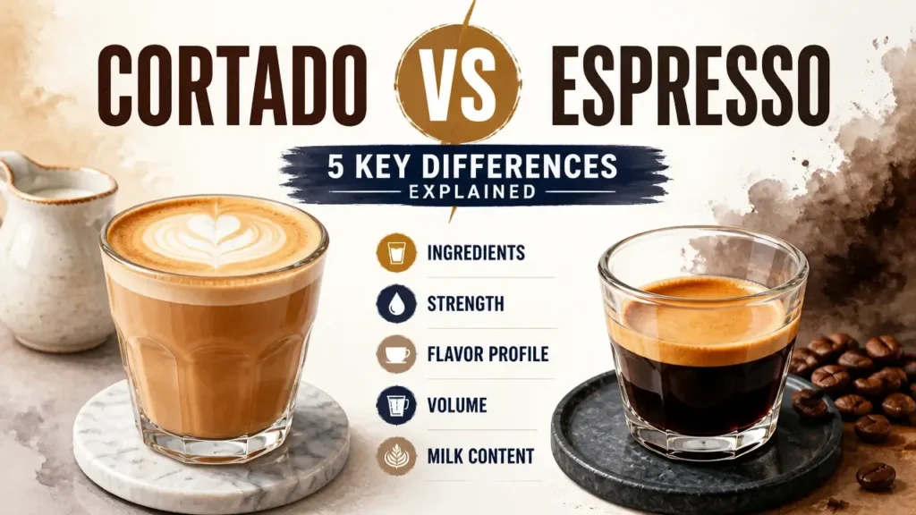 A hyper-realistic 3D rendering comparing a cortado and an espresso side-by-side with a watercolor texture background.