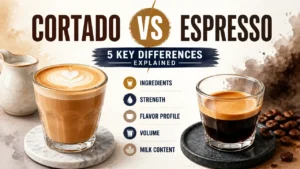 A hyper-realistic 3D rendering comparing a cortado and an espresso side-by-side with a watercolor texture background.