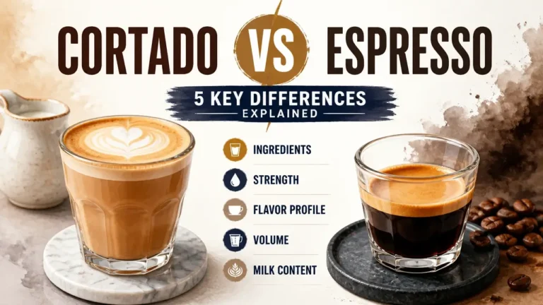 A hyper-realistic 3D rendering comparing a cortado and an espresso side-by-side with a watercolor texture background.