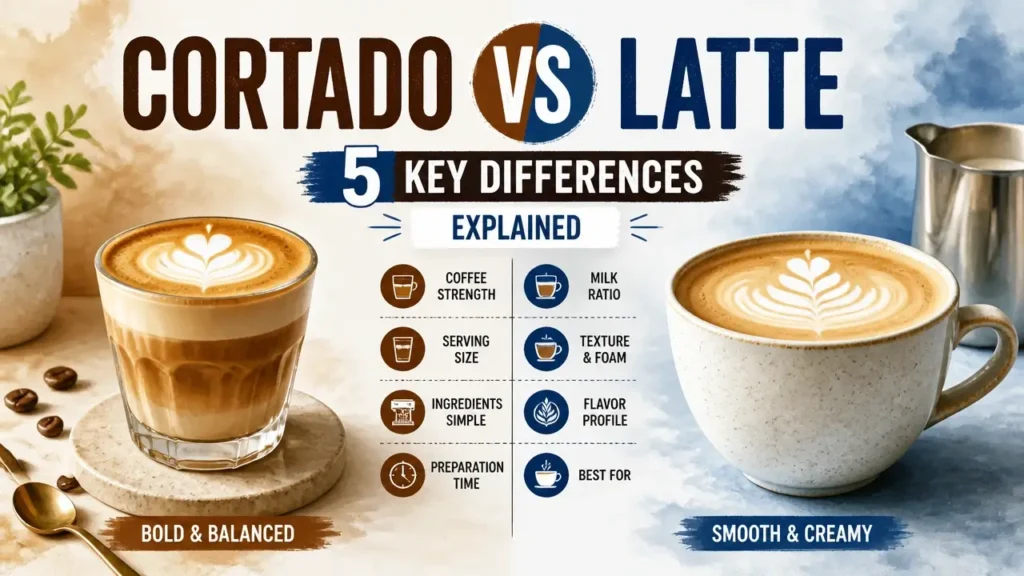 A hyper-realistic 3D rendering comparing a cortado and a latte side-by-side with watercolor textures.