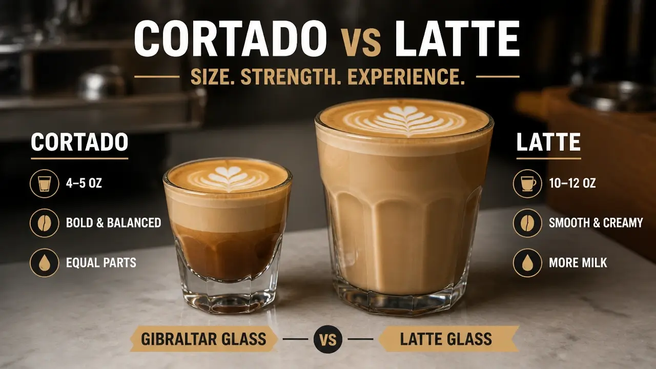 A side by side comparison of a cortado in a glass and a latte in a ceramic cup on a cafe bar