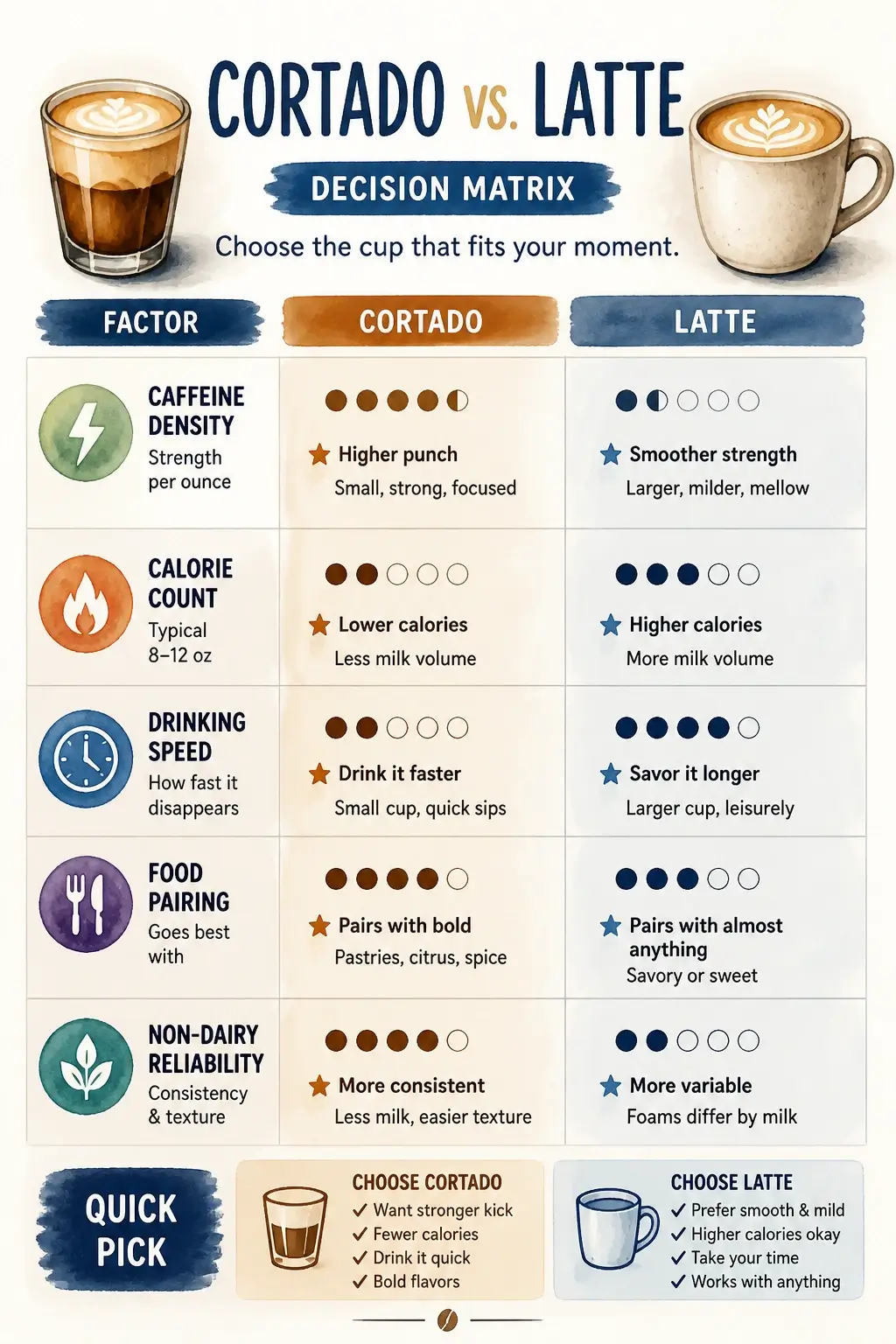 A 3D watercolor style infographic comparing caffeine, calories, and milk pairing between cortado and latte coffee drinks.
