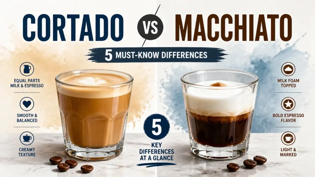 A side-by-side artistic 3D rendering comparing a Cortado and a Macchiato coffee beverage.