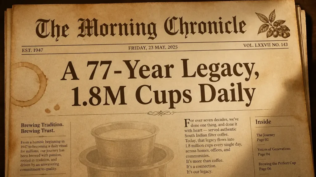 Vintage newspaper front page with headline about Cothas Coffee legacy award and 1.8 million cups daily