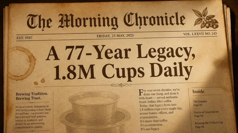 Vintage newspaper front page with headline about Cothas Coffee legacy award and 1.8 million cups daily