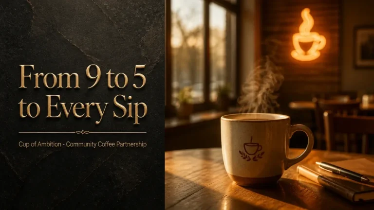 Split composition with gold embossed typography on stone and warm café scene with coffee cup for Dolly Parton Cup of Ambition launch