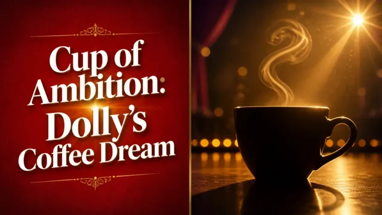 Split composition with bold 'Cup of Ambition' typography on red background beside a warm-toned coffee cup silhouette with steam and sparkle