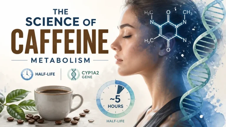 3D artistic visualization of caffeine molecules interacting with the CYP1A2 gene pathway.