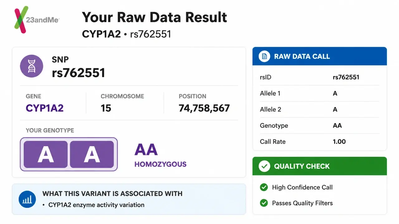 Consumer DNA test report showing CYP1A2 rs762551 genotype data