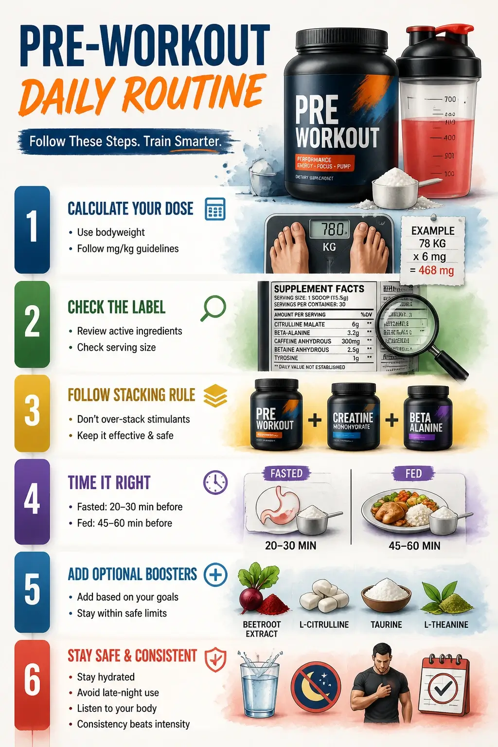 An infographic showing a step-by-step pre-workout routine including dosage calculation, label checking, and ingredient stacking.