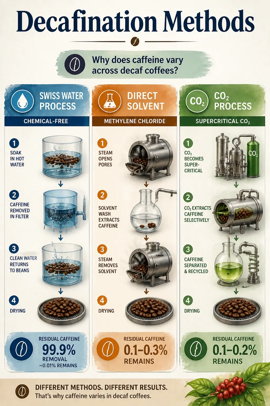 Infographic comparing Swiss Water, direct solvent, and CO2 decaffeination processes for coffee beans.