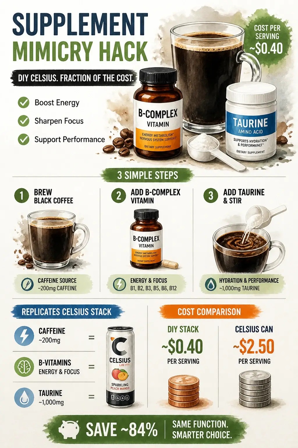 Infographic showing how to create a DIY pre-workout by combining black coffee, B-complex, and taurine as a budget-friendly Celsius alternative.