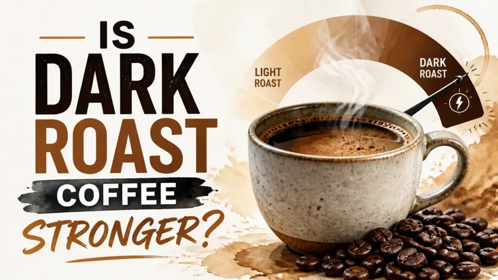 Hyper-realistic 3D coffee beans with watercolor accents illustrating caffeine content and dark roast coffee strength.