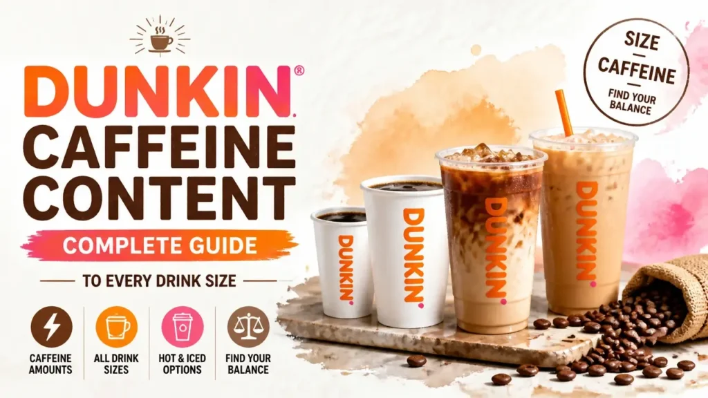 A stylized 3D graphic showing Dunkin coffee cup sizes with a clear caffeine level comparison.