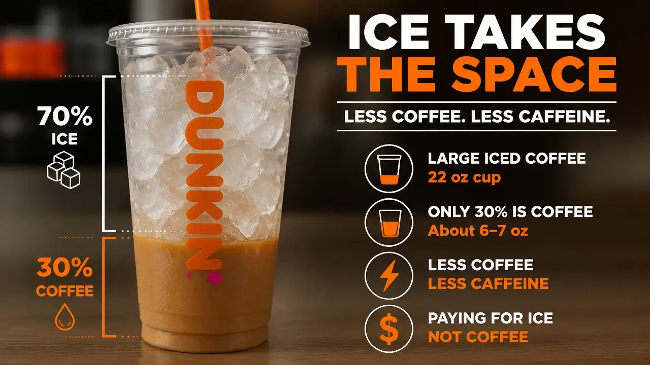 Dunkin iced coffee cup showing how excess ice reduces actual liquid caffeine volume