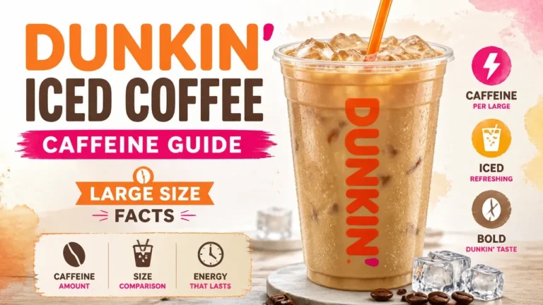 A stylized 3D graphic showing the caffeine content in a Dunkin large iced coffee.