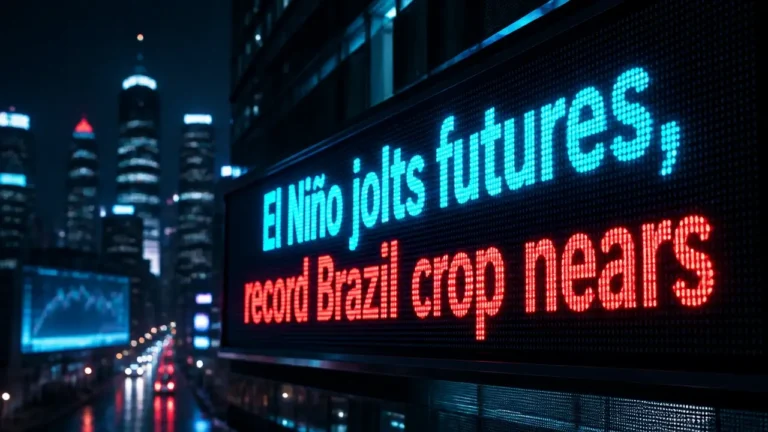 LED ticker shows El Niño coffee prices clash with record Brazil crop in nighttime city scene