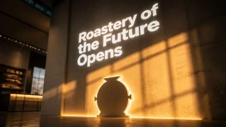 Projected 'Roastery of the Future' text on concrete wall with warm lighting and abstract roaster silhouette, electric coffee roastery showroom