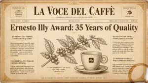 Vintage newspaper front page with headline Ernesto Illy Award 35 Years of Quality, coffee branch illustration, sepia tones