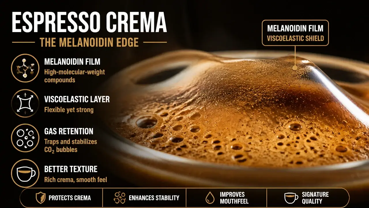 Macro view of espresso crema showing viscoelastic melanoidin film