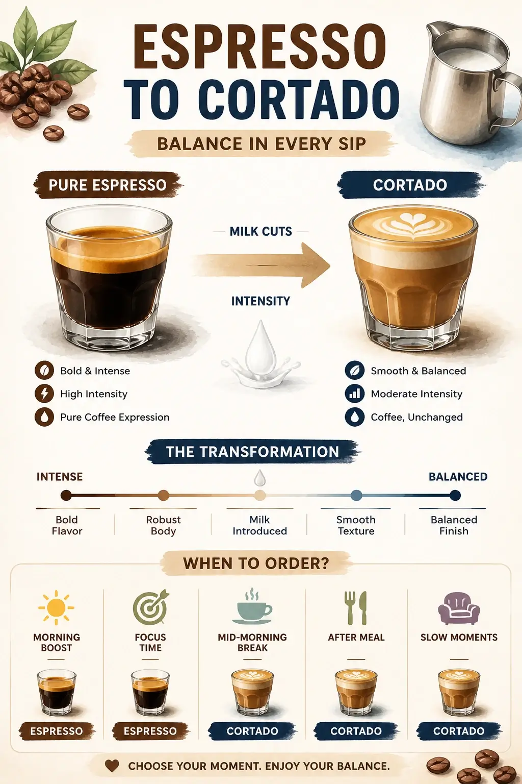 An infographic comparing coffee intensity between espresso and cortado with milk integration visuals.