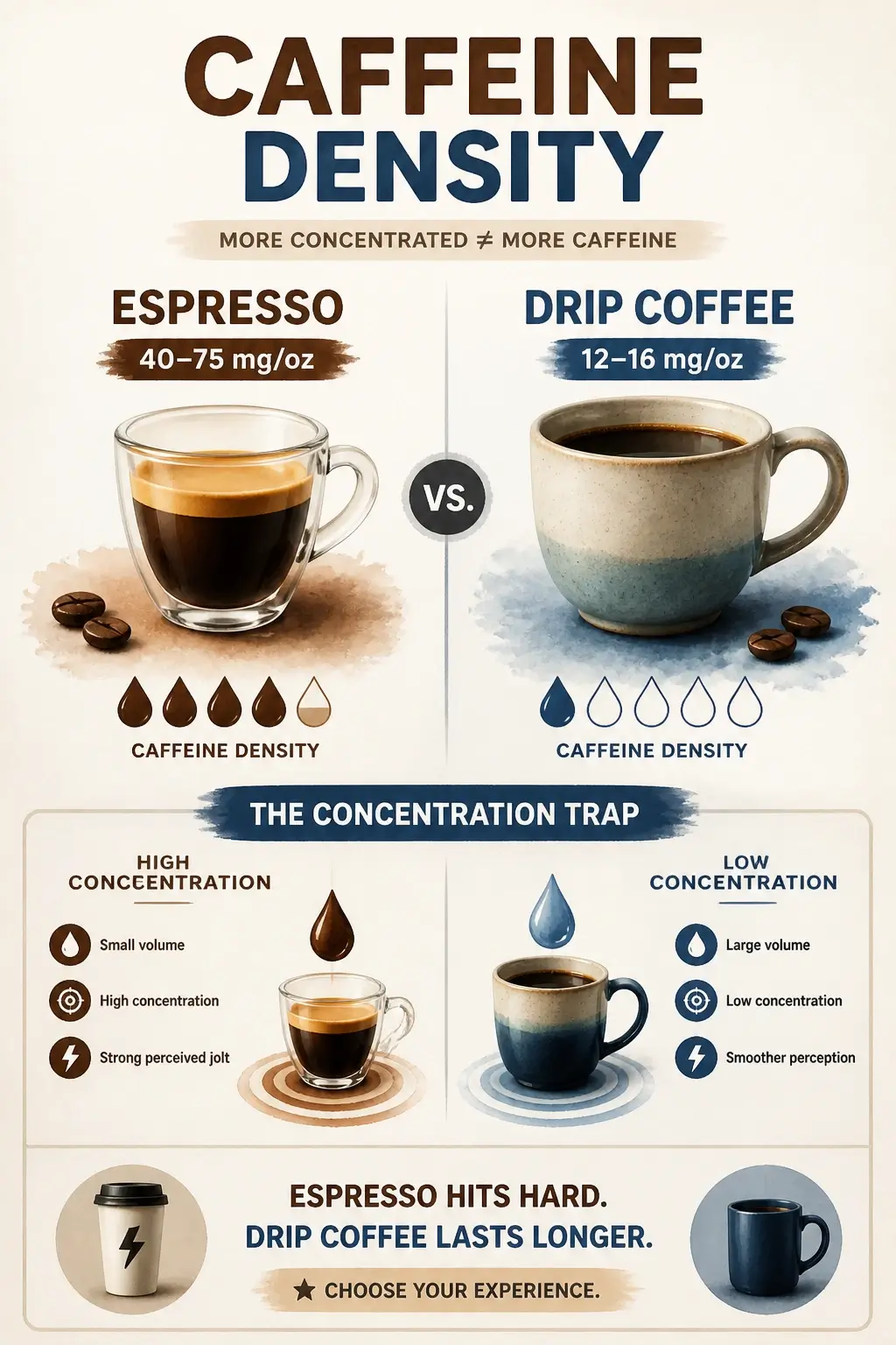 An infographic comparing caffeine density between espresso and drip coffee with concentration metrics.